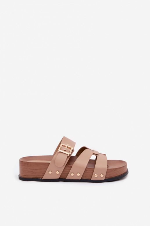 Pantofole da donna in pelle sintetica con fibbie color sabbia Cambria