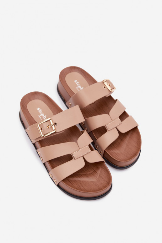 Pantofole da donna in pelle sintetica con fibbie color sabbia Cambria