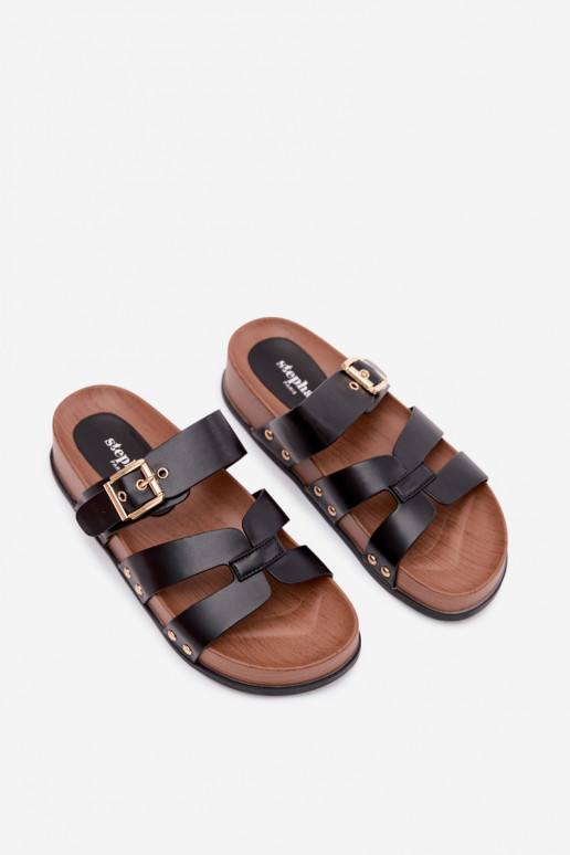 Pantofole da donna in pelle sintetica con fibbie nere Cambria