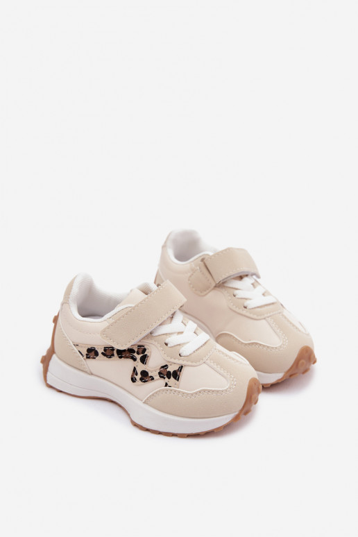 Sneakers per bambini con velcro e stampa leopardata color sabbia Cosima