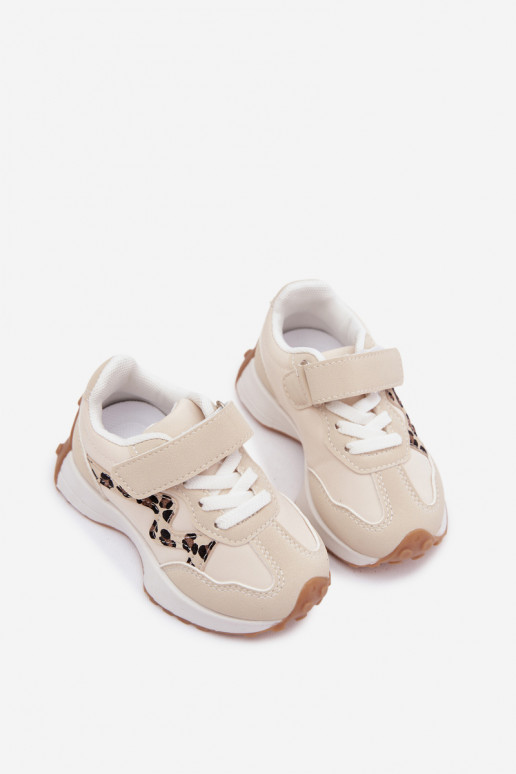 Sneakers per bambini con velcro e stampa leopardata color sabbia Cosima