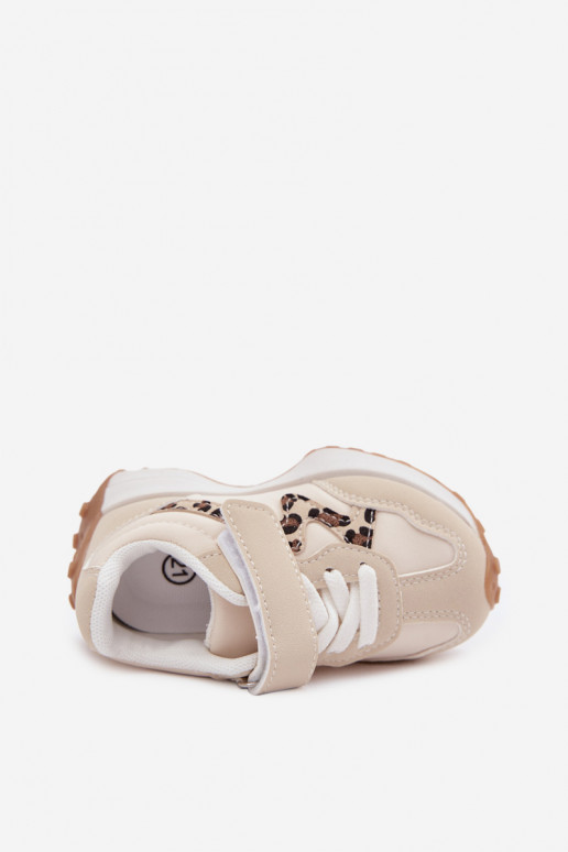Sneakers per bambini con velcro e stampa leopardata color sabbia Cosima