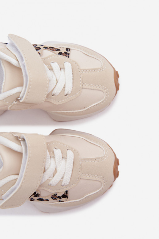 Sneakers per bambini con velcro e stampa leopardata color sabbia Cosima
