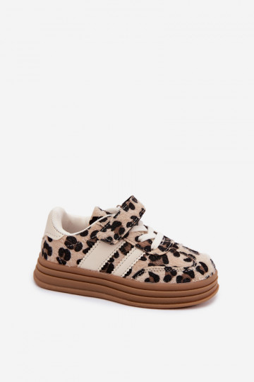 Scarpe sportive per bambini con stampa leopardata e velcro color sabbia Satinia