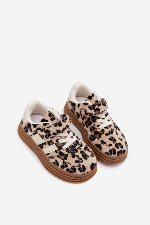 Scarpe sportive per bambini con stampa leopardata e velcro color sabbia Satinia