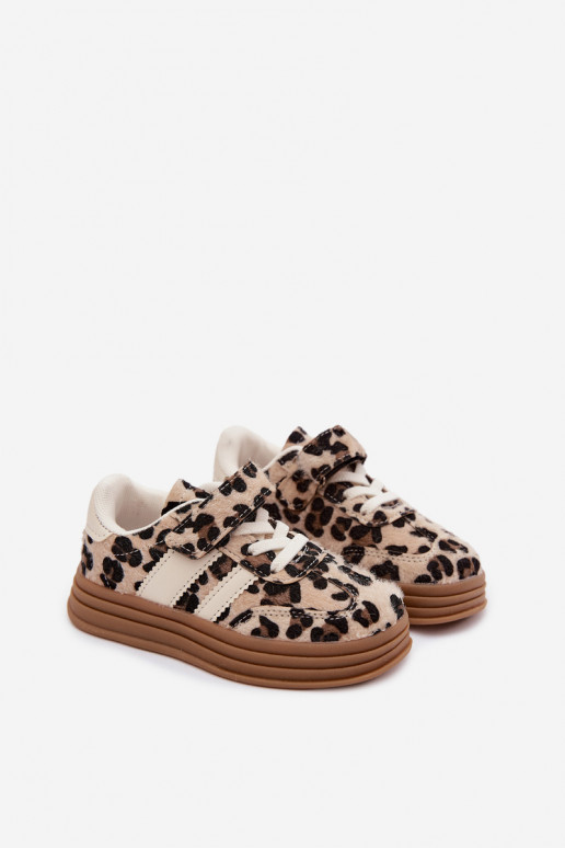 Scarpe sportive per bambini con stampa leopardata e velcro color sabbia Satinia