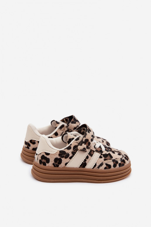 Scarpe sportive per bambini con stampa leopardata e velcro color sabbia Satinia
