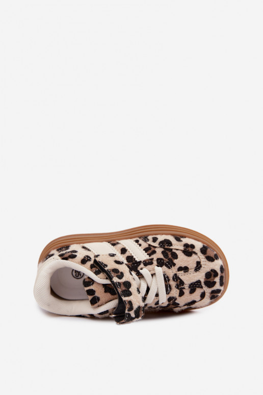 Scarpe sportive per bambini con stampa leopardata e velcro color sabbia Satinia
