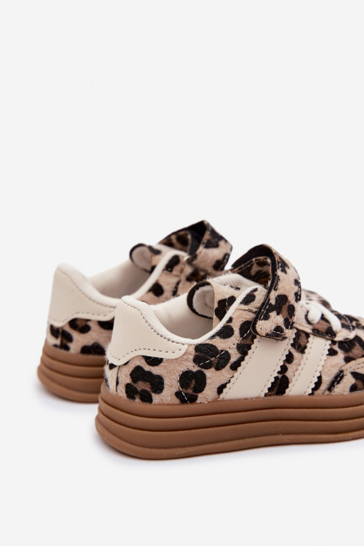 Scarpe sportive per bambini con stampa leopardata e velcro color sabbia Satinia