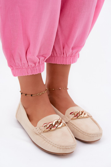 Mocassini dorati da donna con catena in suede sintetico color sabbia Amaretto