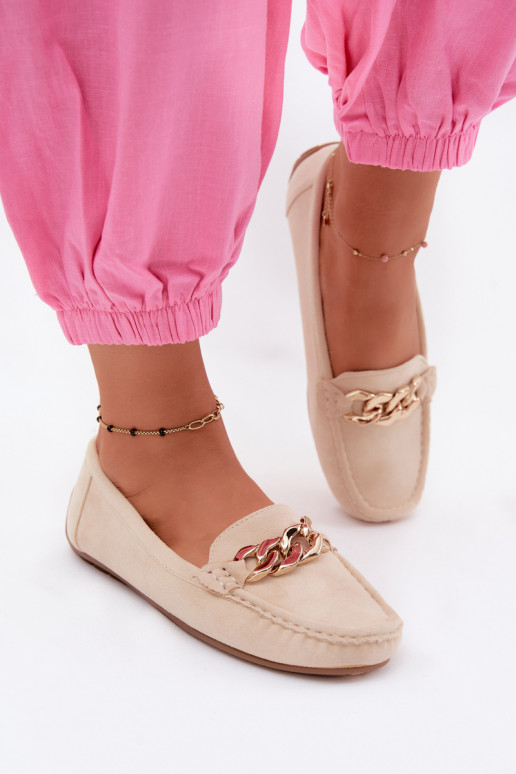 Mocassini dorati da donna con catena in suede sintetico color sabbia Amaretto
