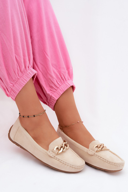 Mocassini dorati da donna con catena in suede sintetico color sabbia Amaretto