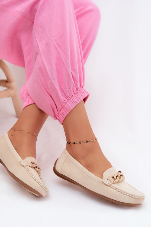 Mocassini dorati da donna con catena in suede sintetico color sabbia Amaretto