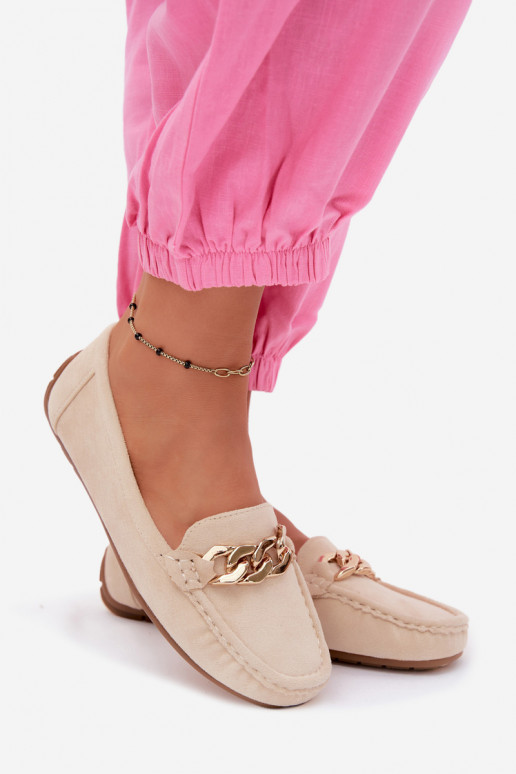 Mocassini dorati da donna con catena in suede sintetico color sabbia Amaretto