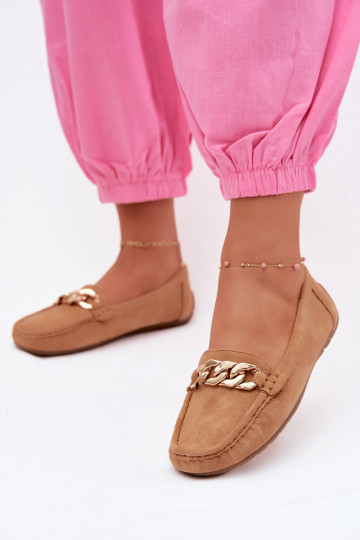 Mocassini dorati da donna con catena in suede sintetico color marrone Amaretto 2