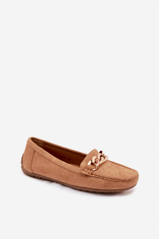 Mocassini dorati da donna con catena in suede sintetico color marrone Amaretto
