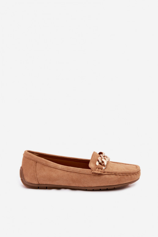 Mocassini dorati da donna con catena in suede sintetico color marrone Amaretto