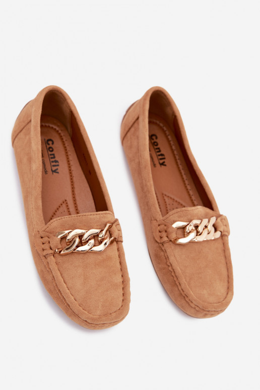 Mocassini dorati da donna con catena in suede sintetico color marrone Amaretto