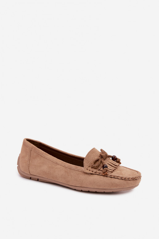 Mocassini piatti da donna con fiocchi e frange in suede sintetico color sabbia Bluebell