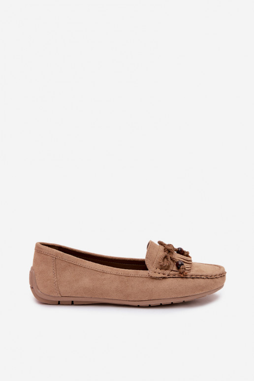 Mocassini piatti da donna con fiocchi e frange in suede sintetico color sabbia Bluebell