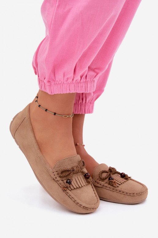 Mocassini piatti da donna con fiocchi e frange in suede sintetico color sabbia Bluebell