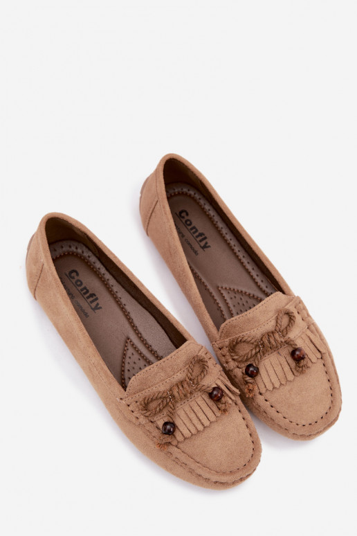 Mocassini piatti da donna con fiocchi e frange in suede sintetico color sabbia Bluebell