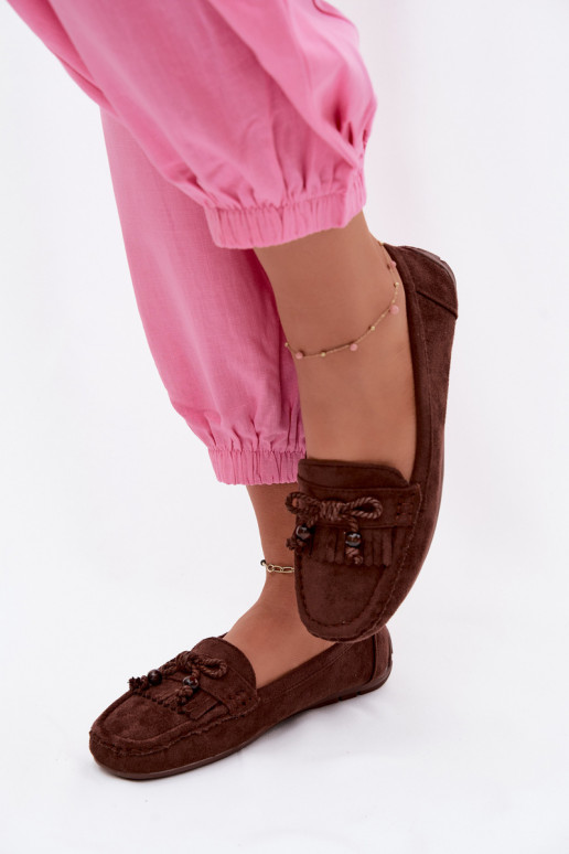 Mocassini da donna con fiocchi e frange in ecopelle color cioccolato Bluebell