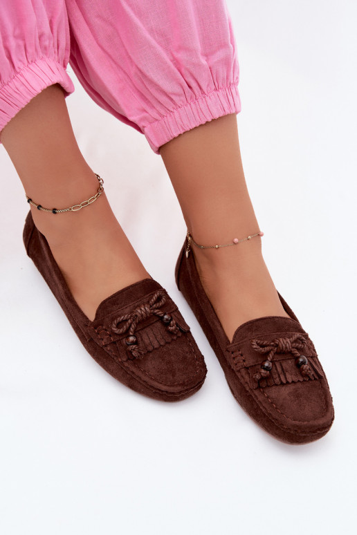Mocassini da donna con fiocchi e frange in ecopelle color cioccolato Bluebell