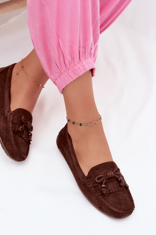 Mocassini da donna con fiocchi e frange in ecopelle color cioccolato Bluebell