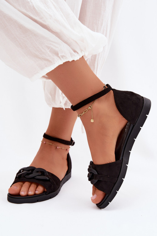 Sandali piatti da donna con catene Vinceza 17320 colore nero