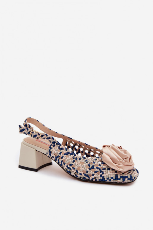 Sandali da donna con motivo, tacco e ornamenti Artiker 58C0372 colore sabbia e blu scuro