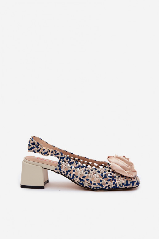 Sandali da donna con motivo, tacco e ornamenti Artiker 58C0372 colore sabbia e blu scuro