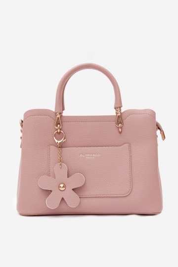 Borsa in finta suede con portachiavi e motivi floreali color avorio Noomi