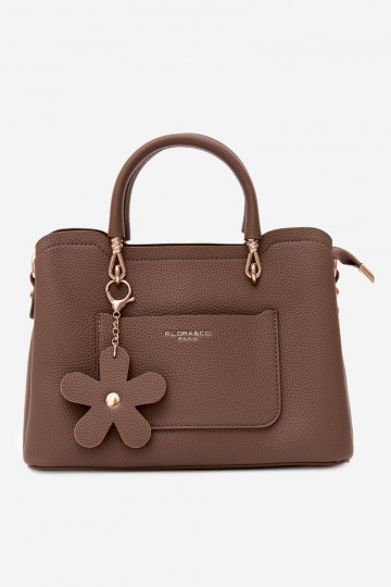 Borsa in finta pelle con portachiavi e motivi floreali color argilla Noomi