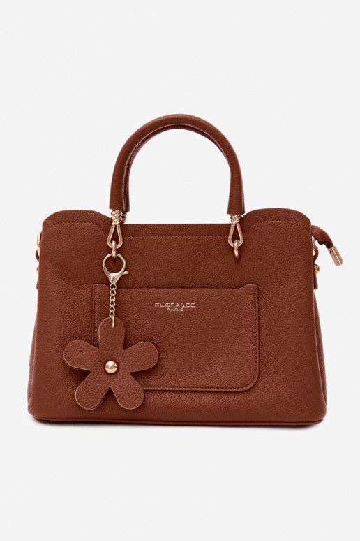 Borsa in finta pelle con portachiavi e motivi floreali color marrone Noomi