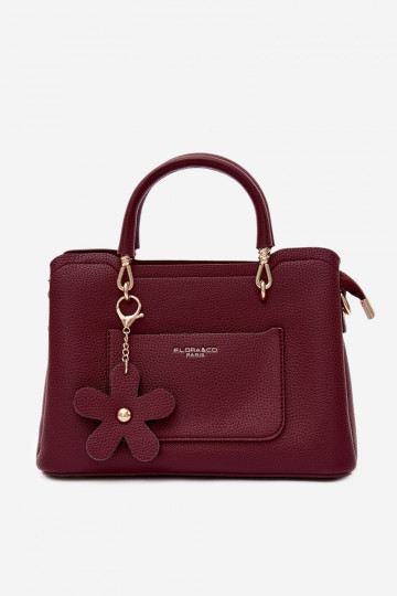 Borsa con portachiavi in ecopelle con motivi floreali in bordeaux Noomi