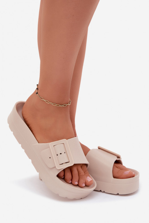 Pantofole beige da donna con piattaforma e fibbie Caramel
