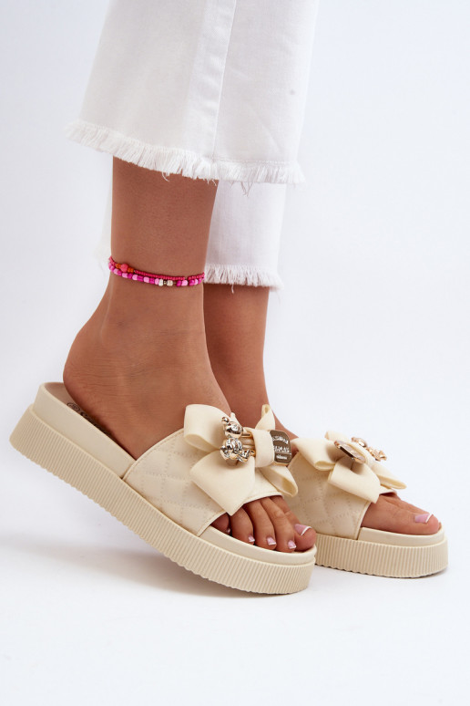 Pantofole beige da donna con fiocchi e orsetti Katterina