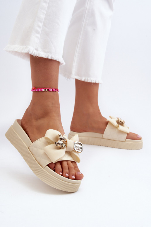 Pantofole beige da donna con fiocchi e orsetti Katterina
