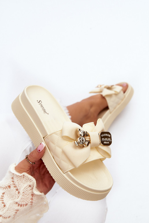 Pantofole beige da donna con fiocchi e orsetti Katterina
