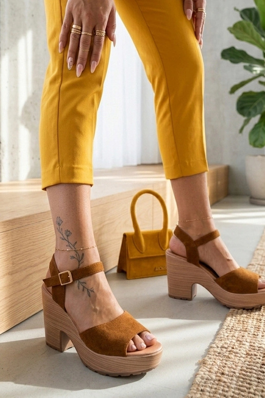 Sandali marroni da donna su tacco chunky Elara