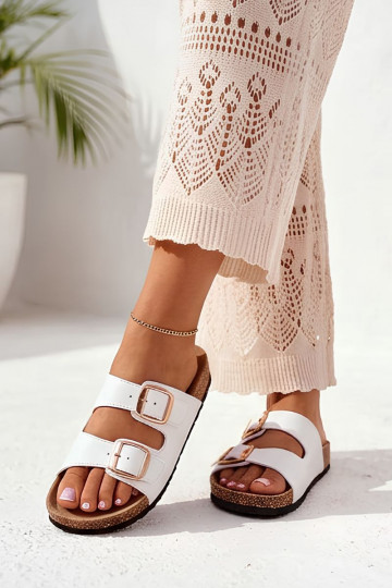 Pantofole bianche da donna con fibbie su suola di sughero Bubbelia 2