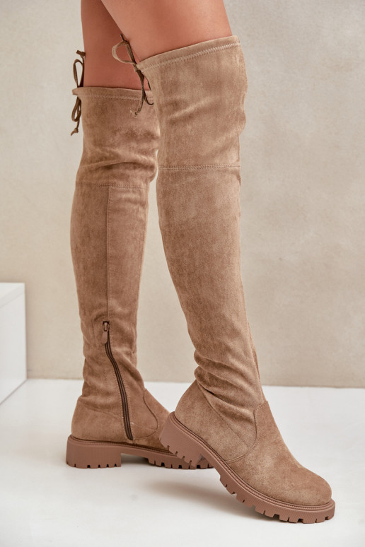 Stivali beige sopra il ginocchio con tacco largo in suede sintetico Arkelia