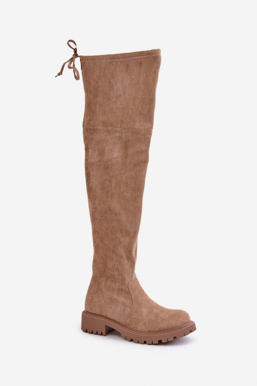 Stivali beige sopra il ginocchio con tacco largo in suede sintetico Arkelia