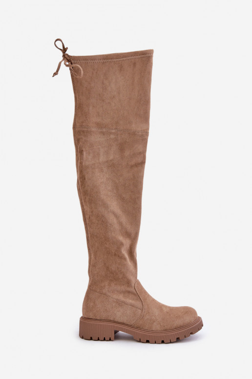 Stivali beige sopra il ginocchio con tacco largo in suede sintetico Arkelia