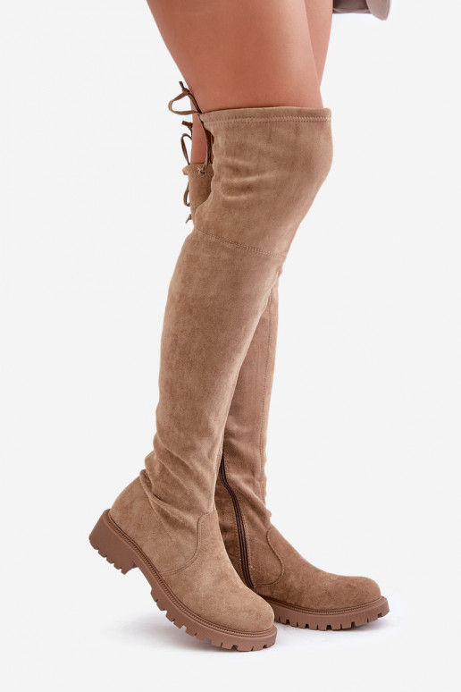Stivali beige sopra il ginocchio con tacco largo in suede sintetico Arkelia