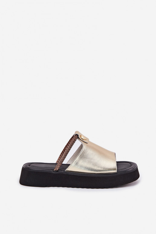 infradito in pelle per donne con piattaforma e tacchi decorati oro D&A MK51-475