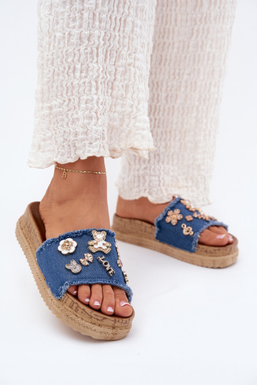 Infradito da donna in oro con piattaforma blu scuro Rigasta