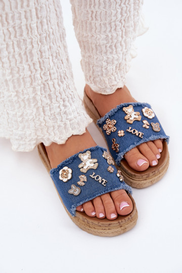 Infradito da donna in oro con piattaforma blu scuro Rigasta 2