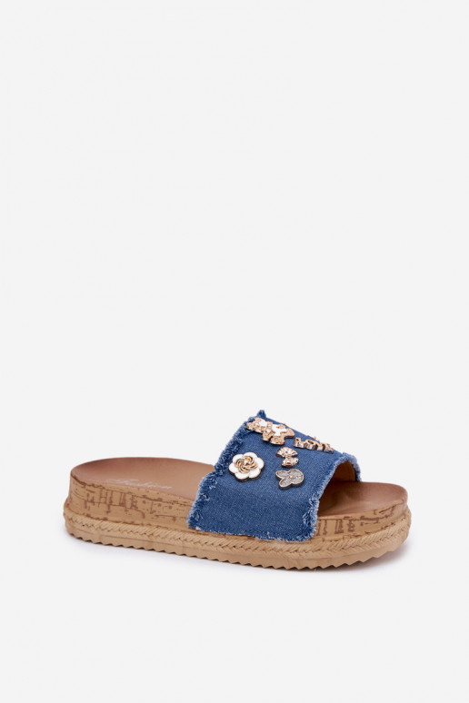 Infradito da donna in oro con piattaforma blu scuro Rigasta